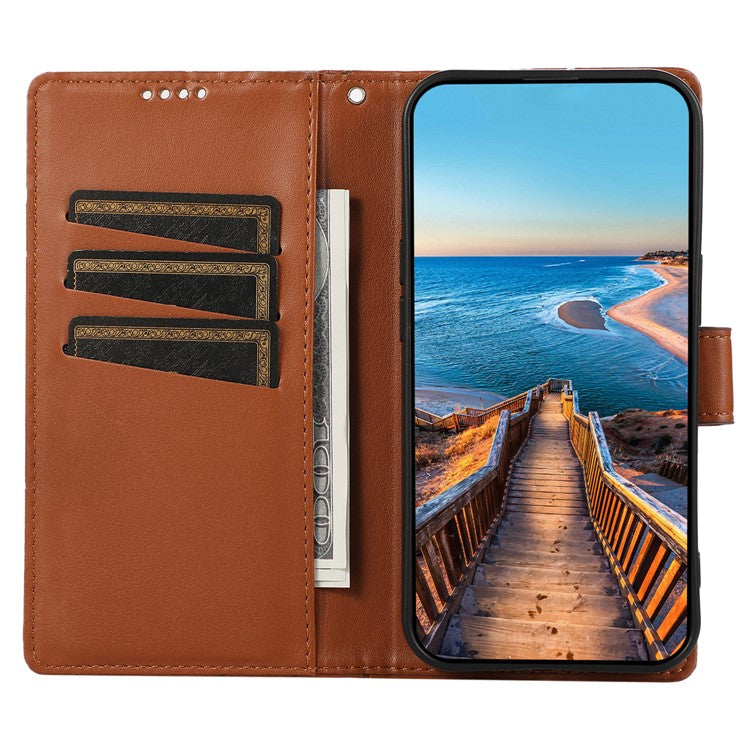 DF-06 Phone Case For Xiaomi Poco C75 4G / Redmi 14R 5G / 14C 4G Line Imprint Leather Wallet Cover - Brown