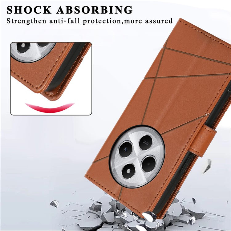 DF-06 Phone Case For Xiaomi Poco C75 4G / Redmi 14R 5G / 14C 4G Line Imprint Leather Wallet Cover - Brown