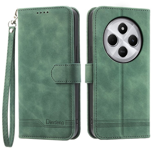 DIERFENG DF-03 Leather Case For Xiaomi Poco C75 4G / Redmi 14R 5G / 14C 4G Lines Imprint Wallet Phone Cover - Green