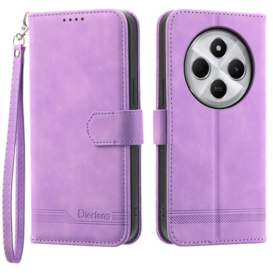 DIERFENG DF-03 Leather Case For Xiaomi Poco C75 4G / Redmi 14R 5G / 14C 4G Lines Imprint Wallet Phone Cover - Purple