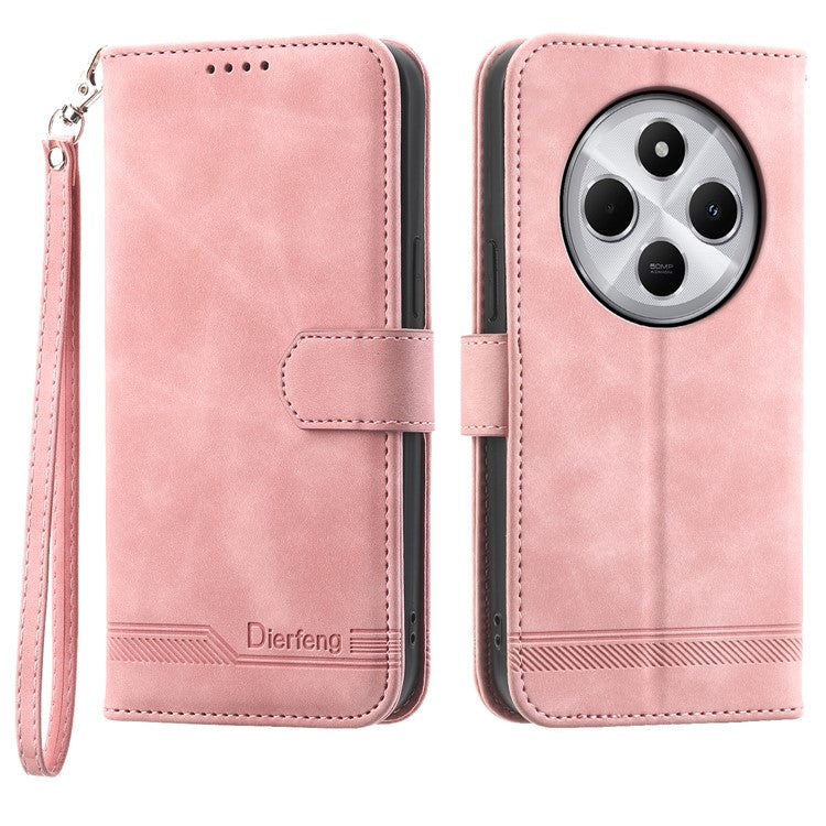 DIERFENG DF-03 Leather Case For Xiaomi Poco C75 4G / Redmi 14R 5G / 14C 4G Lines Imprint Wallet Phone Cover - Pink
