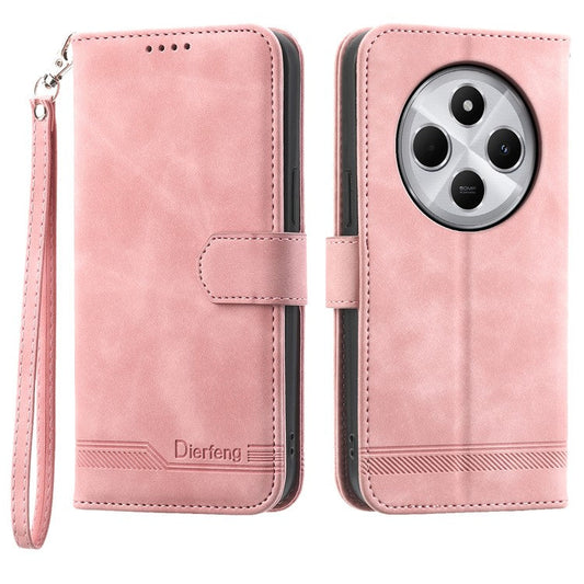 DIERFENG DF-03 Leather Case For Xiaomi Poco C75 4G / Redmi 14R 5G / 14C 4G Lines Imprint Wallet Phone Cover - Pink