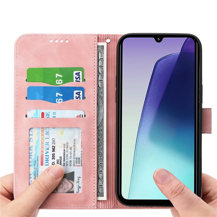 DIERFENG DF-03 Leather Case For Xiaomi Poco C75 4G / Redmi 14R 5G / 14C 4G Lines Imprint Wallet Phone Cover - Pink