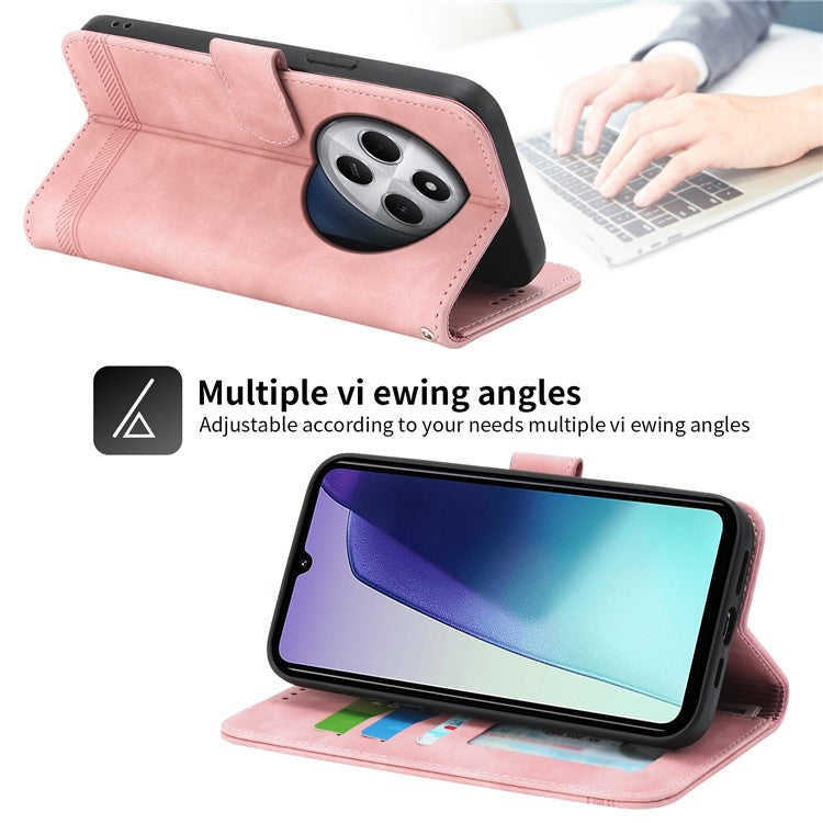 DIERFENG DF-03 Leather Case For Xiaomi Poco C75 4G / Redmi 14R 5G / 14C 4G Lines Imprint Wallet Phone Cover - Pink