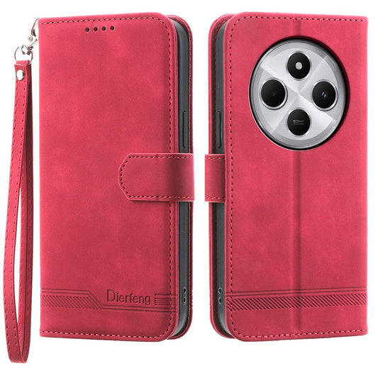 DIERFENG DF-03 Leather Case For Xiaomi Poco C75 4G / Redmi 14R 5G / 14C 4G Lines Imprint Wallet Phone Cover - Red