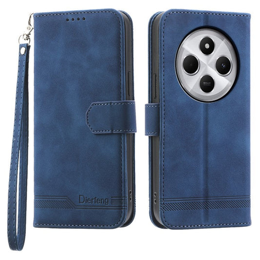 DIERFENG DF-03 Leather Case For Xiaomi Poco C75 4G / Redmi 14R 5G / 14C 4G Lines Imprint Wallet Phone Cover - Blue