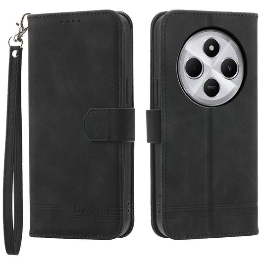 DIERFENG DF-03 Leather Case For Xiaomi Poco C75 4G / Redmi 14R 5G / 14C 4G Lines Imprint Wallet Phone Cover - Black