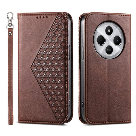 Phone Case For Xiaomi Poco C75 4G / Redmi 14R 5G / 14C 4G Calf Texture PU Leather Phone Cover with Wallet - Brown