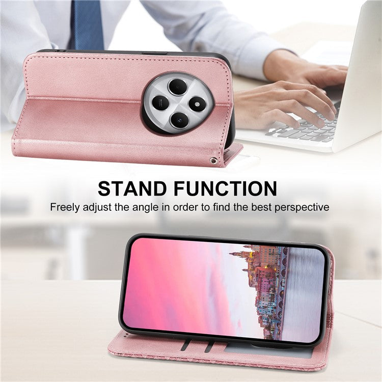 Phone Case For Xiaomi Poco C75 4G / Redmi 14R 5G / 14C 4G Calf Texture PU Leather Phone Cover with Wallet - Rose Gold