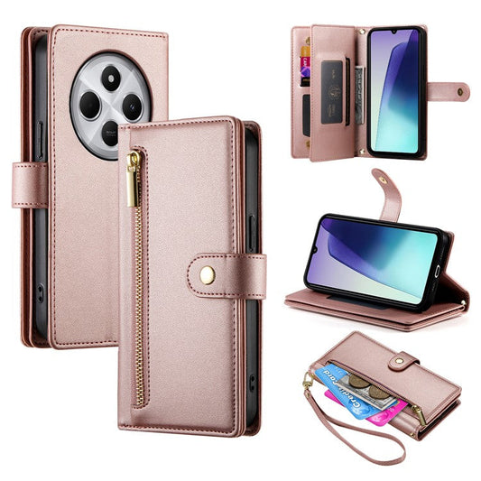 DF-011 Leather Case For Xiaomi Poco C75 4G / Redmi 14R 5G / 14C 4G Zipper Pocket Wallet Phone Cover with Straps - Pink