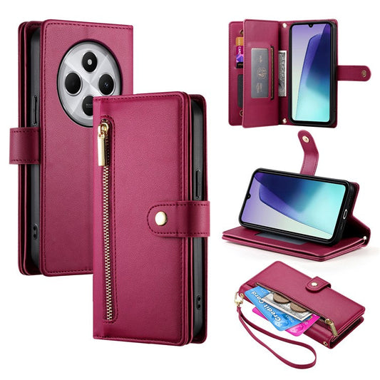 DF-011 Leather Case For Xiaomi Poco C75 4G / Redmi 14R 5G / 14C 4G Zipper Pocket Wallet Phone Cover with Straps - Red
