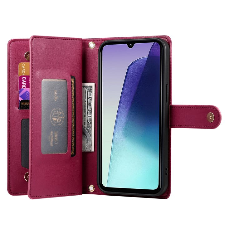 DF-011 Leather Case For Xiaomi Poco C75 4G / Redmi 14R 5G / 14C 4G Zipper Pocket Wallet Phone Cover with Straps - Red