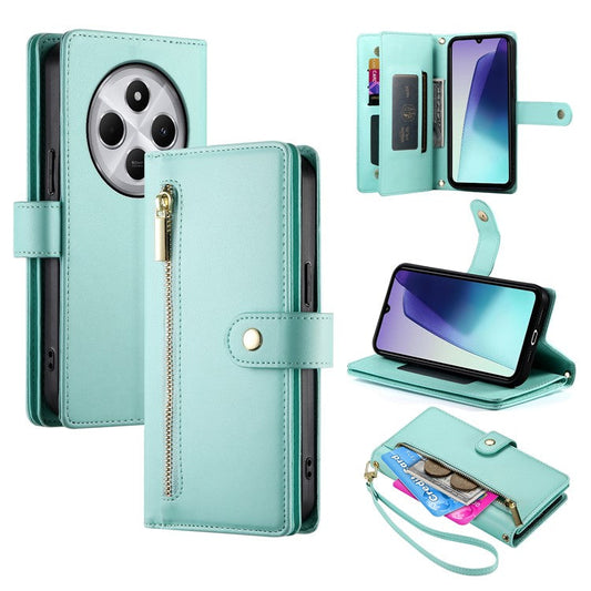 DF-011 Leather Case For Xiaomi Poco C75 4G / Redmi 14R 5G / 14C 4G Zipper Pocket Wallet Phone Cover with Straps - Mint Green