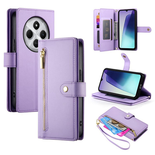 DF-011 Leather Case For Xiaomi Poco C75 4G / Redmi 14R 5G / 14C 4G Zipper Pocket Wallet Phone Cover with Straps - Purple