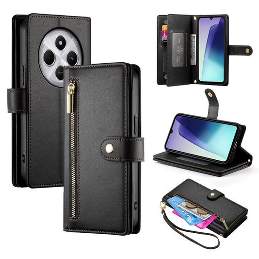 DF-011 Leather Case For Xiaomi Poco C75 4G / Redmi 14R 5G / 14C 4G Zipper Pocket Wallet Phone Cover with Straps - Black