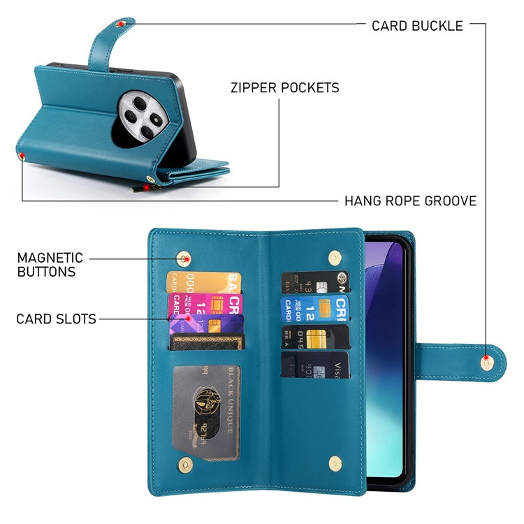 DF-011 Leather Case For Xiaomi Poco C75 4G / Redmi 14R 5G / 14C 4G Zipper Pocket Wallet Phone Cover with Straps - Blue