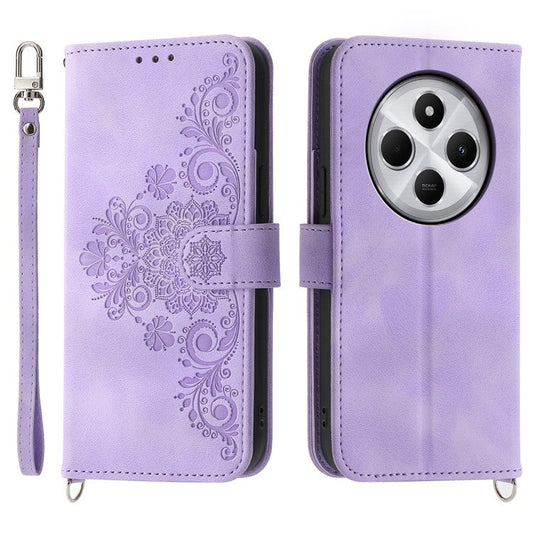 Wallet Case For Xiaomi Poco C75 4G / Redmi 14R 5G / 14C 4G Flower Pattern PU Leather Phone Cover with Strap - Light Purple