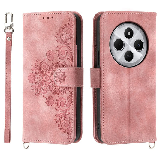 Wallet Case For Xiaomi Poco C75 4G / Redmi 14R 5G / 14C 4G Flower Pattern PU Leather Phone Cover with Strap - Pink