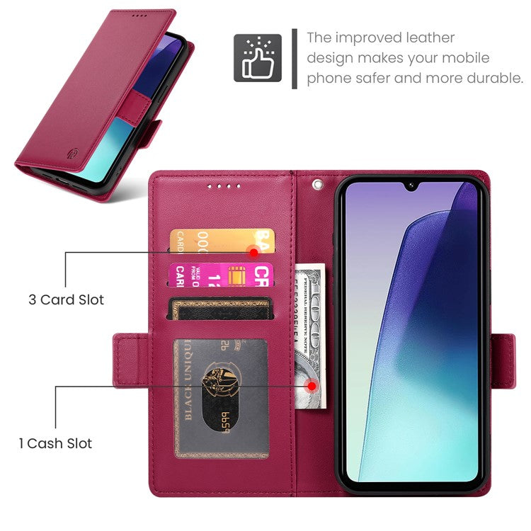 DF-010 Stand Case For Xiaomi Poco C75 4G / Redmi 14R 5G / 14C 4G PU Leather Wallet Phone Cover - Wine Red