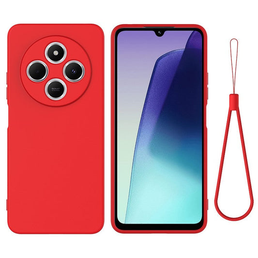 For Xiaomi Poco C75 4G / Redmi 14R 5G / 14C 4G / A4 5G Case Liquid Silicone Anti-Scratch Phone Cover with Hand Strap - Red