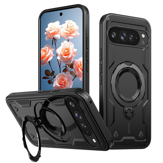 For Google Pixel 9 Pro XL Case Compatible with MagSafe Military Protection PC+TPU Kickstand Phone Cover - Black
