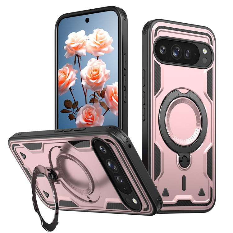 For Google Pixel 9 Pro XL Case Compatible with MagSafe Military Protection PC+TPU Kickstand Phone Cover - Rose Gold