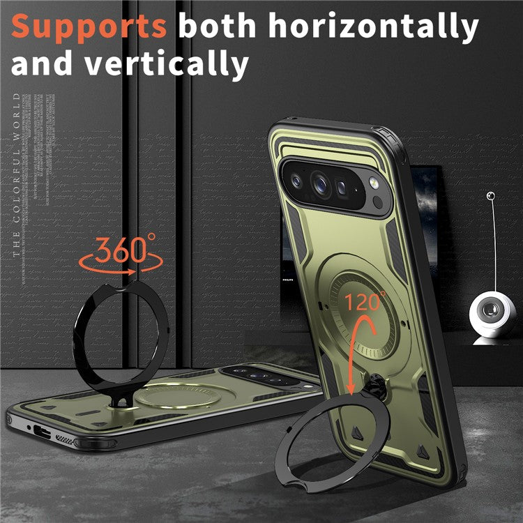 For Google Pixel 9 Pro / Pixel 9 Case Compatible with MagSafe Military Protection PC+TPU Kickstand Phone Cover - Olive Green