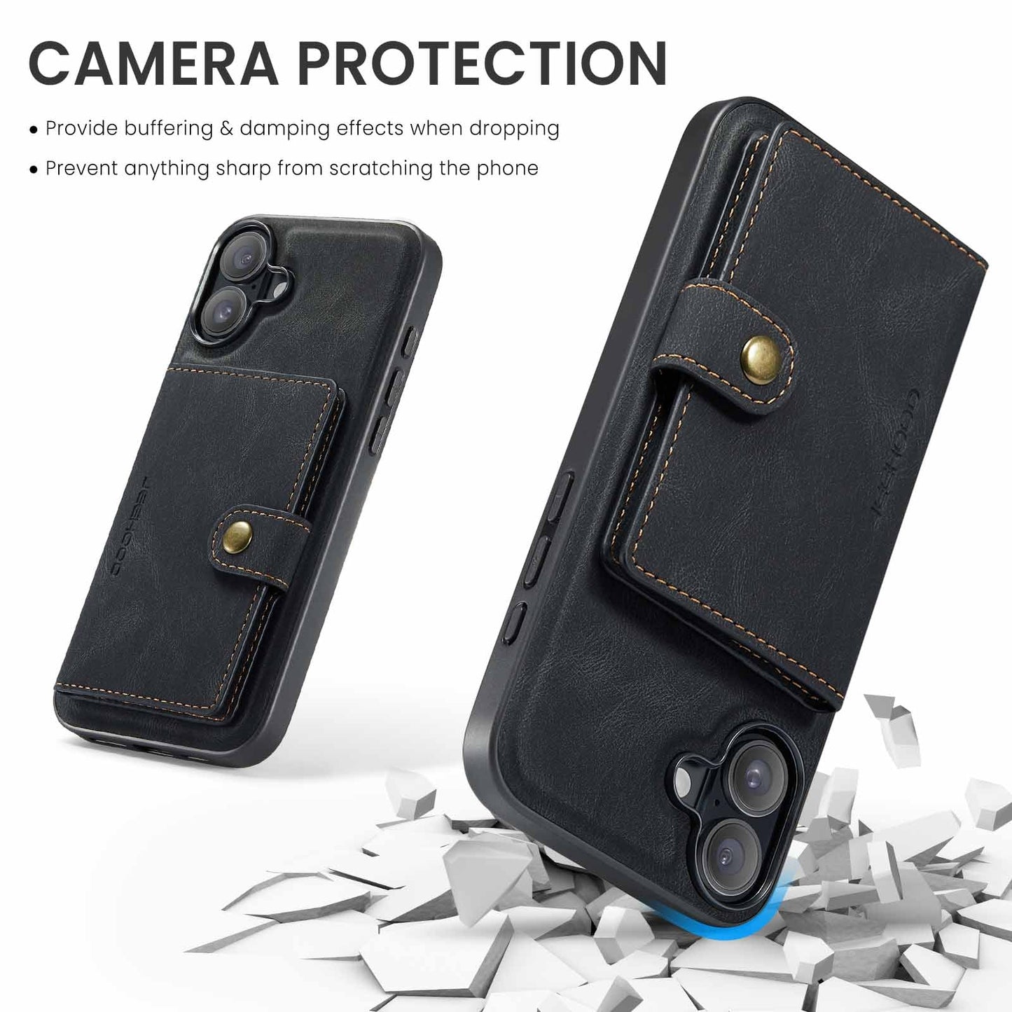 For iPhone 16 Plus Case JEEHOOD J01 Retro Leather + TPU Phone Cover Detachable Magnetic Card Holder - Black