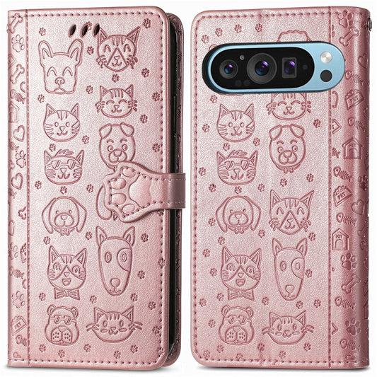 For Google Pixel 9 / Pixel 9 Pro Case Leather Wallet Flip Phone Cover Cute Cat Dog Pattern - Rose Gold