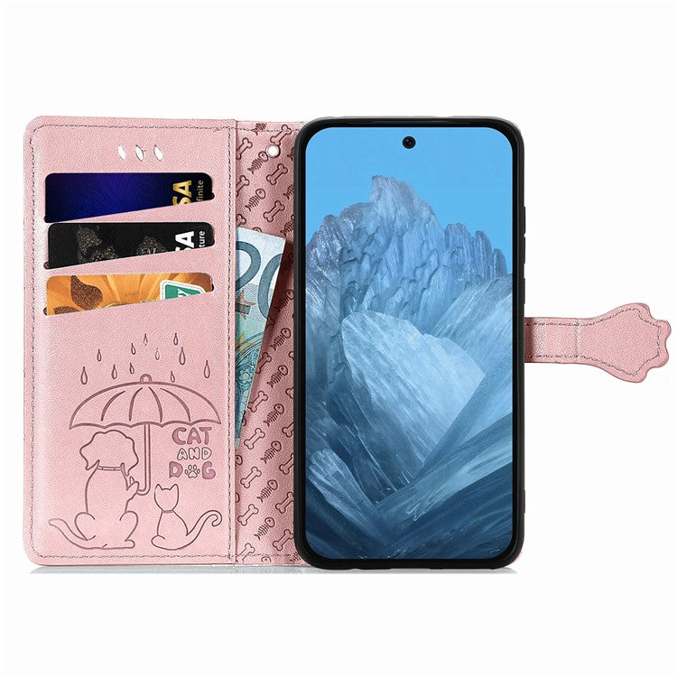 For Google Pixel 9 / Pixel 9 Pro Case Leather Wallet Flip Phone Cover Cute Cat Dog Pattern - Rose Gold
