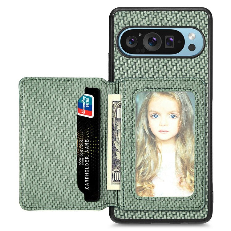 For Google Pixel 9 / Pixel 9 Pro Case RFID Blocking Card Holder Carbon Fiber Leather+PC+TPU Phone Cover - Green