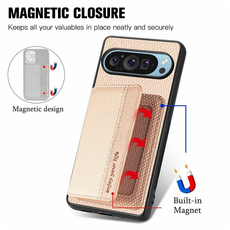 For Google Pixel 9 / Pixel 9 Pro Case RFID Blocking Card Holder Carbon Fiber Leather+PC+TPU Phone Cover - Apricot