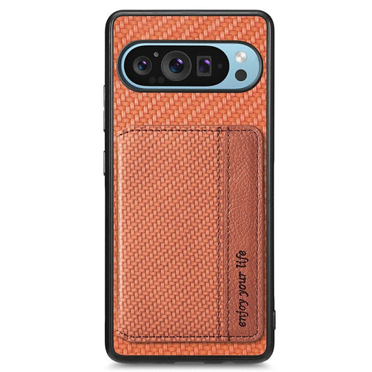For Google Pixel 9 / Pixel 9 Pro Case RFID Blocking Card Holder Carbon Fiber Leather+PC+TPU Phone Cover - Brown