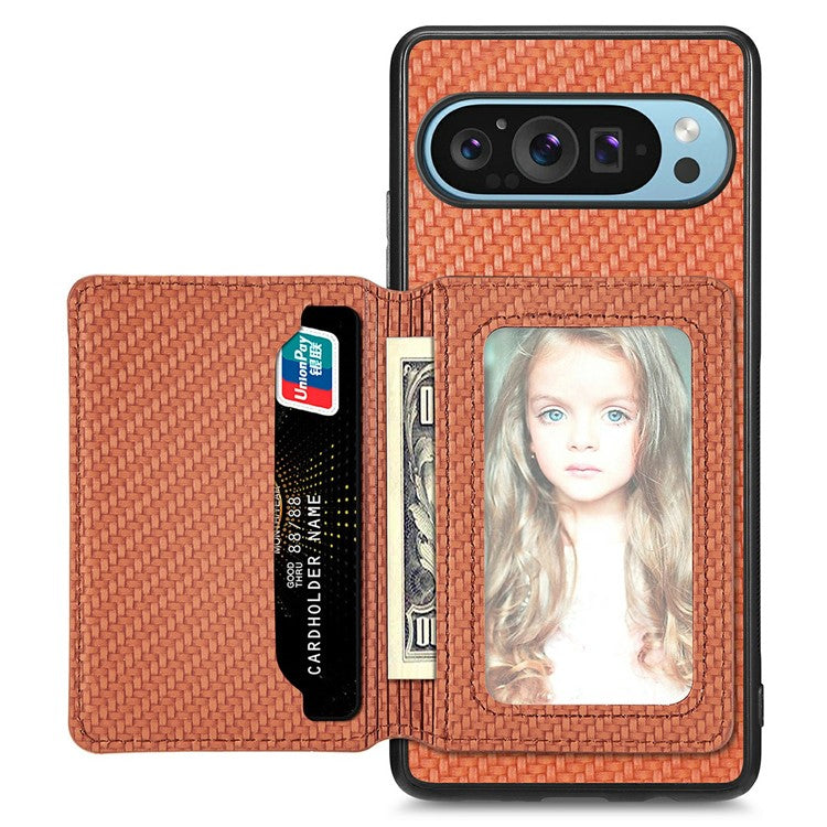 For Google Pixel 9 / Pixel 9 Pro Case RFID Blocking Card Holder Carbon Fiber Leather+PC+TPU Phone Cover - Brown