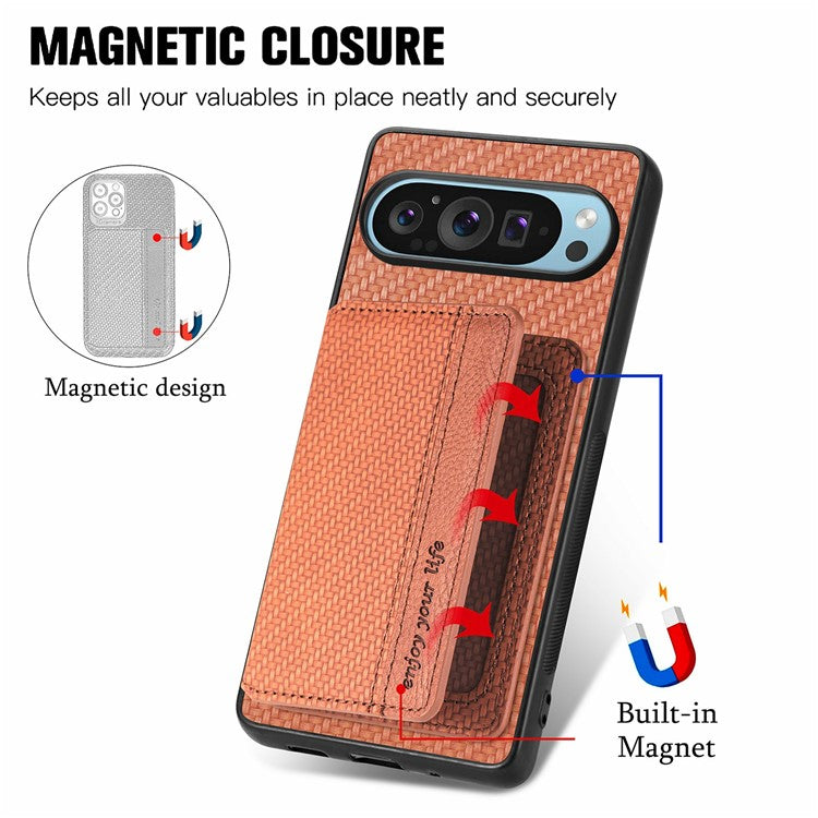 For Google Pixel 9 / Pixel 9 Pro Case RFID Blocking Card Holder Carbon Fiber Leather+PC+TPU Phone Cover - Brown