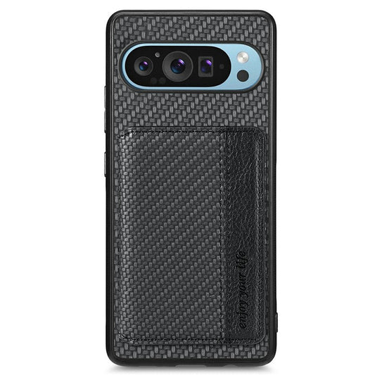 For Google Pixel 9 / Pixel 9 Pro Case RFID Blocking Card Holder Carbon Fiber Leather+PC+TPU Phone Cover - Black