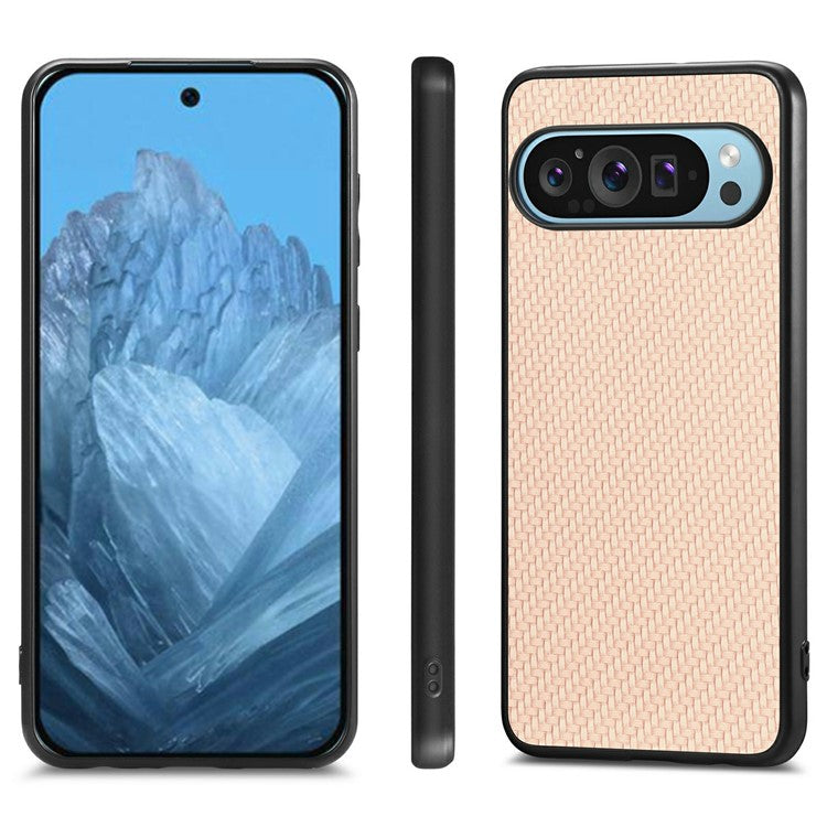 For Google Pixel 9 / Pixel 9 Pro Case Carbon Fiber Texture PU+PC+TPU Phone Cover - Apricot