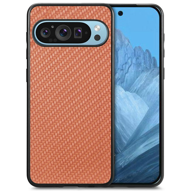 For Google Pixel 9 / Pixel 9 Pro Case Carbon Fiber Texture PU+PC+TPU Phone Cover - Brown