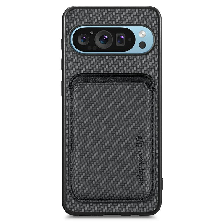 For Google Pixel 9 / Pixel 9 Pro Case Carbon Fiber Leather Back Cover with Detachable Card Bag - Black