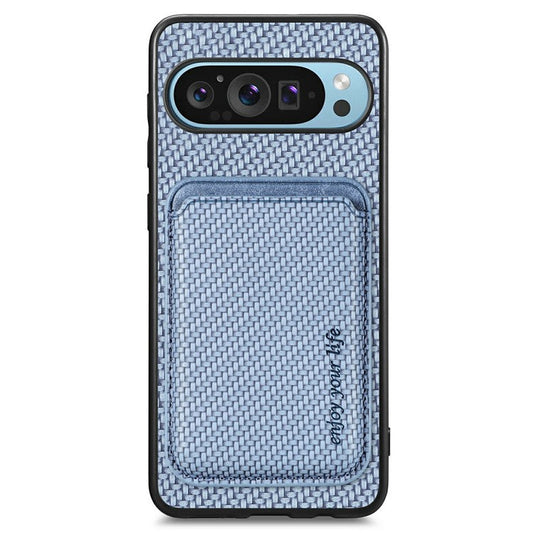 For Google Pixel 9 / Pixel 9 Pro Case Carbon Fiber Leather Back Cover with Detachable Card Bag - Blue