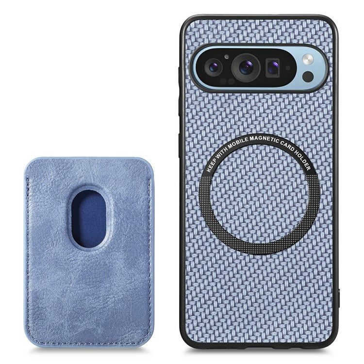 For Google Pixel 9 / Pixel 9 Pro Case Carbon Fiber Leather Back Cover with Detachable Card Bag - Blue