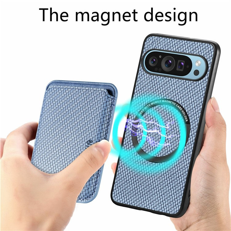 For Google Pixel 9 / Pixel 9 Pro Case Carbon Fiber Leather Back Cover with Detachable Card Bag - Blue