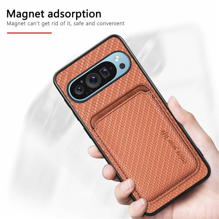 For Google Pixel 9 / Pixel 9 Pro Case Carbon Fiber Leather Back Cover with Detachable Card Bag - Blue