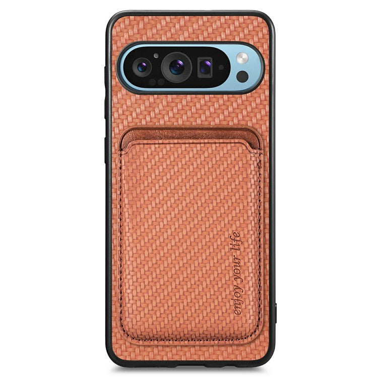 For Google Pixel 9 / Pixel 9 Pro Case Carbon Fiber Leather Back Cover with Detachable Card Bag - Brown