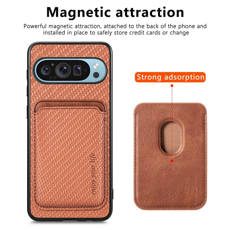 For Google Pixel 9 / Pixel 9 Pro Case Carbon Fiber Leather Back Cover with Detachable Card Bag - Brown