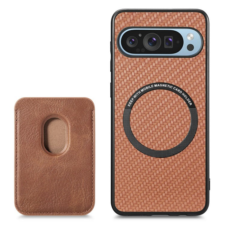 For Google Pixel 9 / Pixel 9 Pro Case Carbon Fiber Leather Back Cover with Detachable Card Bag - Brown