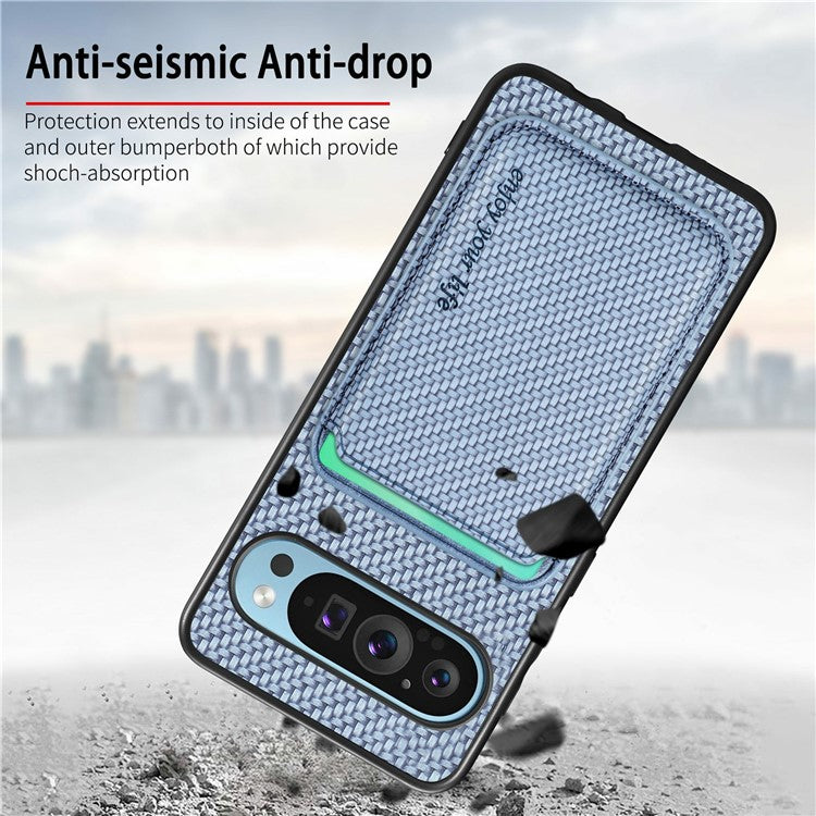 For Google Pixel 9 / Pixel 9 Pro Case Carbon Fiber Leather Back Cover with Detachable Card Bag - Brown