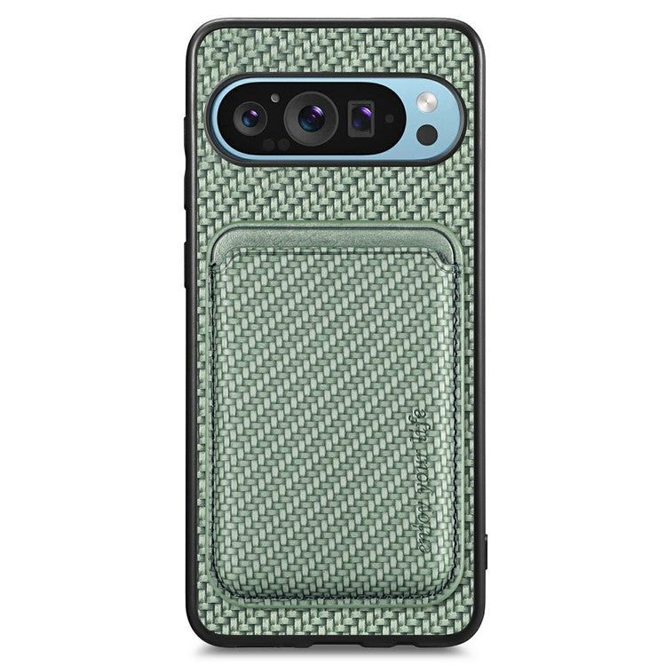 For Google Pixel 9 / Pixel 9 Pro Case Carbon Fiber Leather Back Cover with Detachable Card Bag - Green