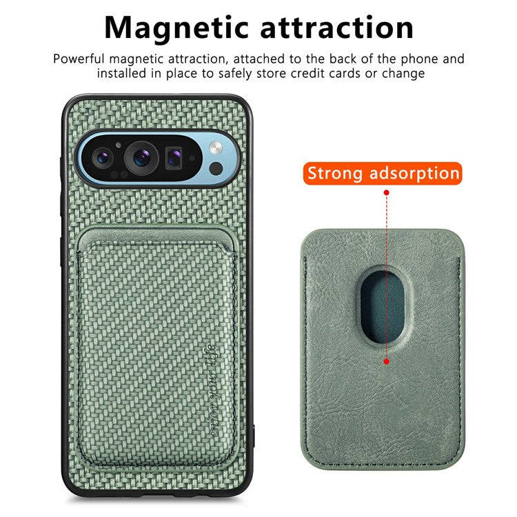 For Google Pixel 9 / Pixel 9 Pro Case Carbon Fiber Leather Back Cover with Detachable Card Bag - Green