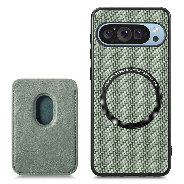 For Google Pixel 9 / Pixel 9 Pro Case Carbon Fiber Leather Back Cover with Detachable Card Bag - Green